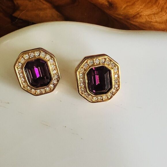 Vintage Swarovski Earrings SAL Savvy Gold Pink Amethyst Clear Crystal S.A.L. - Picture 3 of 9